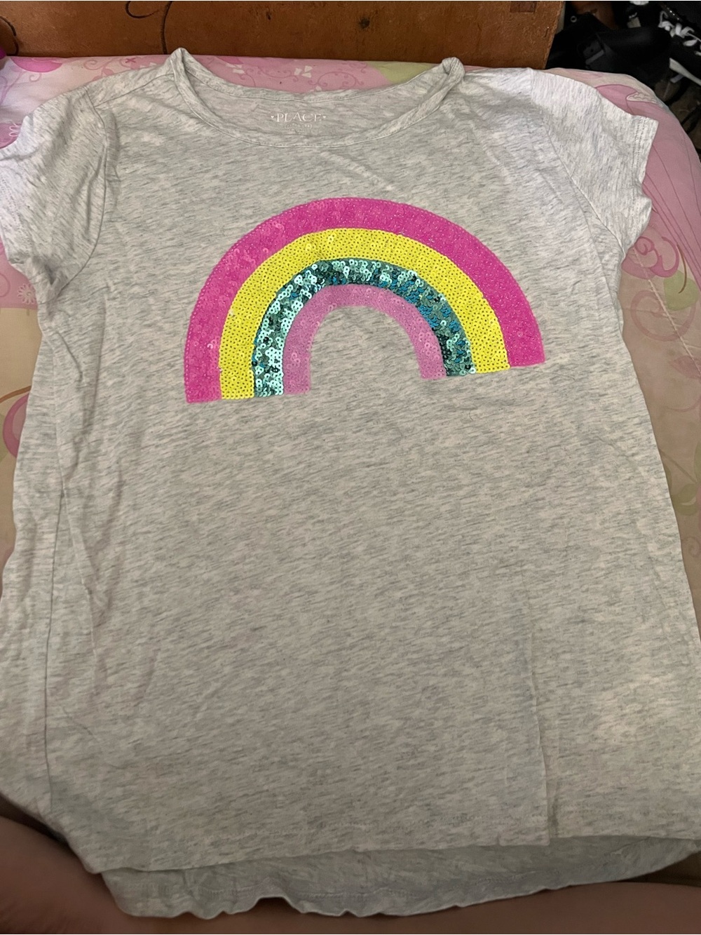 Place Gray Tee with Pink, Yellow & Teal Sequin Rainbow